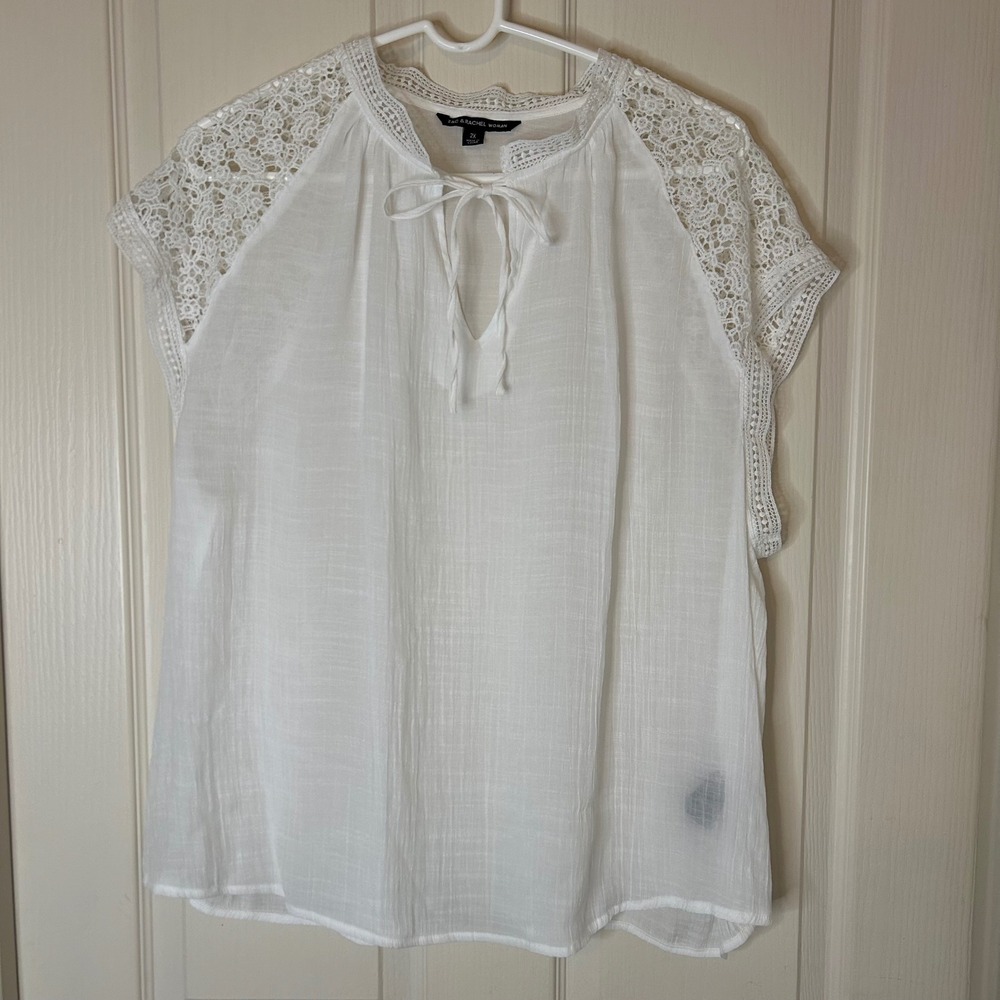 Zac‎ & Rachel Woman White Lace Detail Tie Neck Casual Top Plus Size 2X